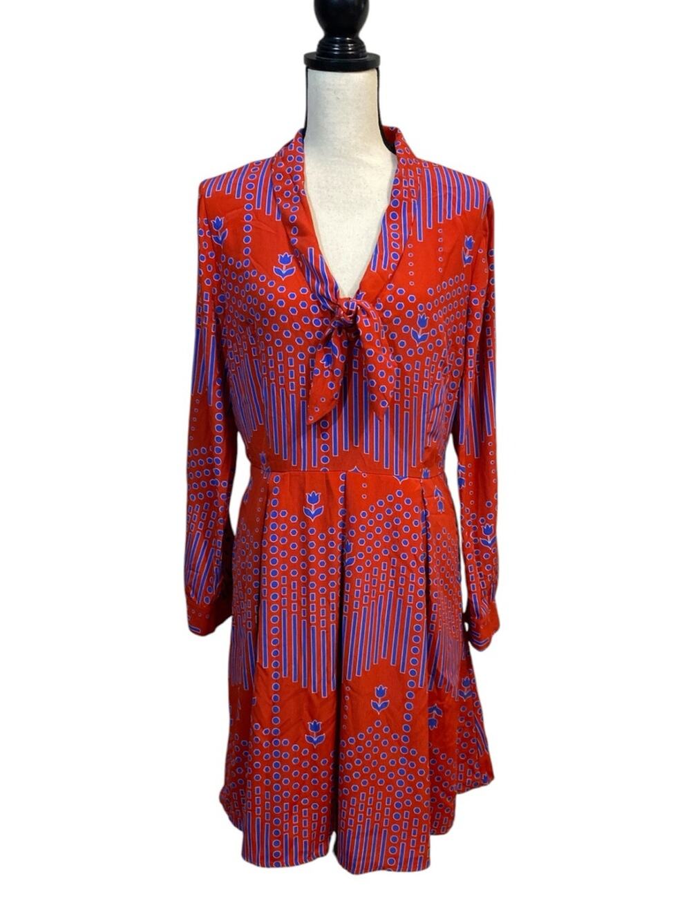 ModCloth Pleasant Confidence Tie Neck Dress Red Blue Hex Tulip Print 12